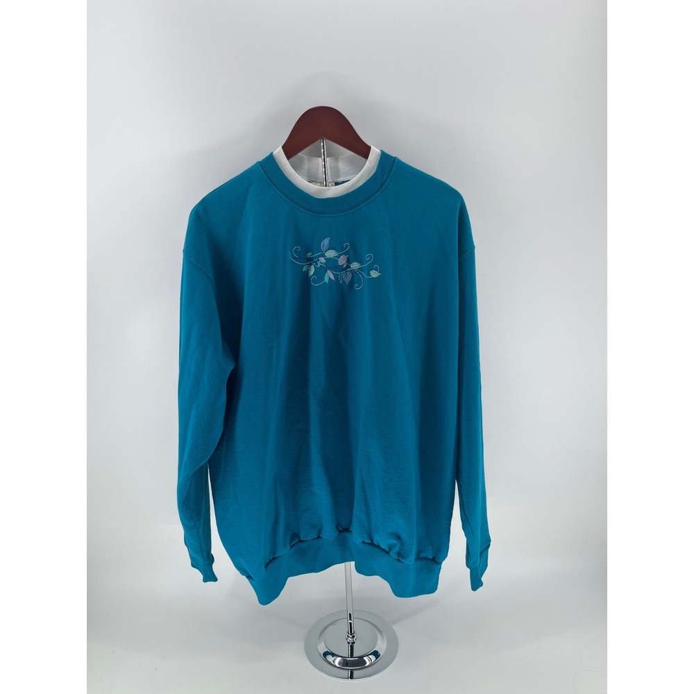Top Stitch by Morning‎ Sun Teal Blue Floral Embroidered Crewneck Sweatshirt 2X